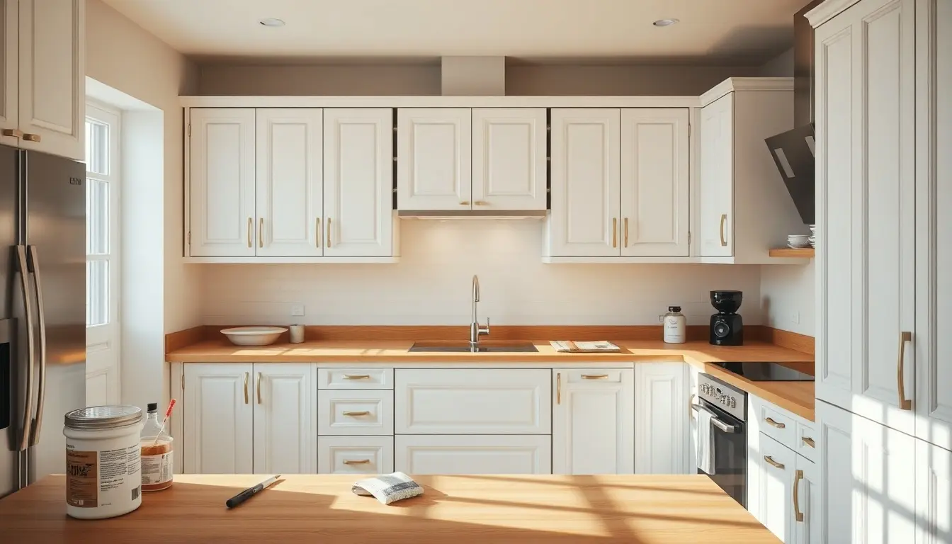 Façade cuisine moderne rénovée avec élégance et outils de bricolage disposés sur un plan de travail ensoleillé.