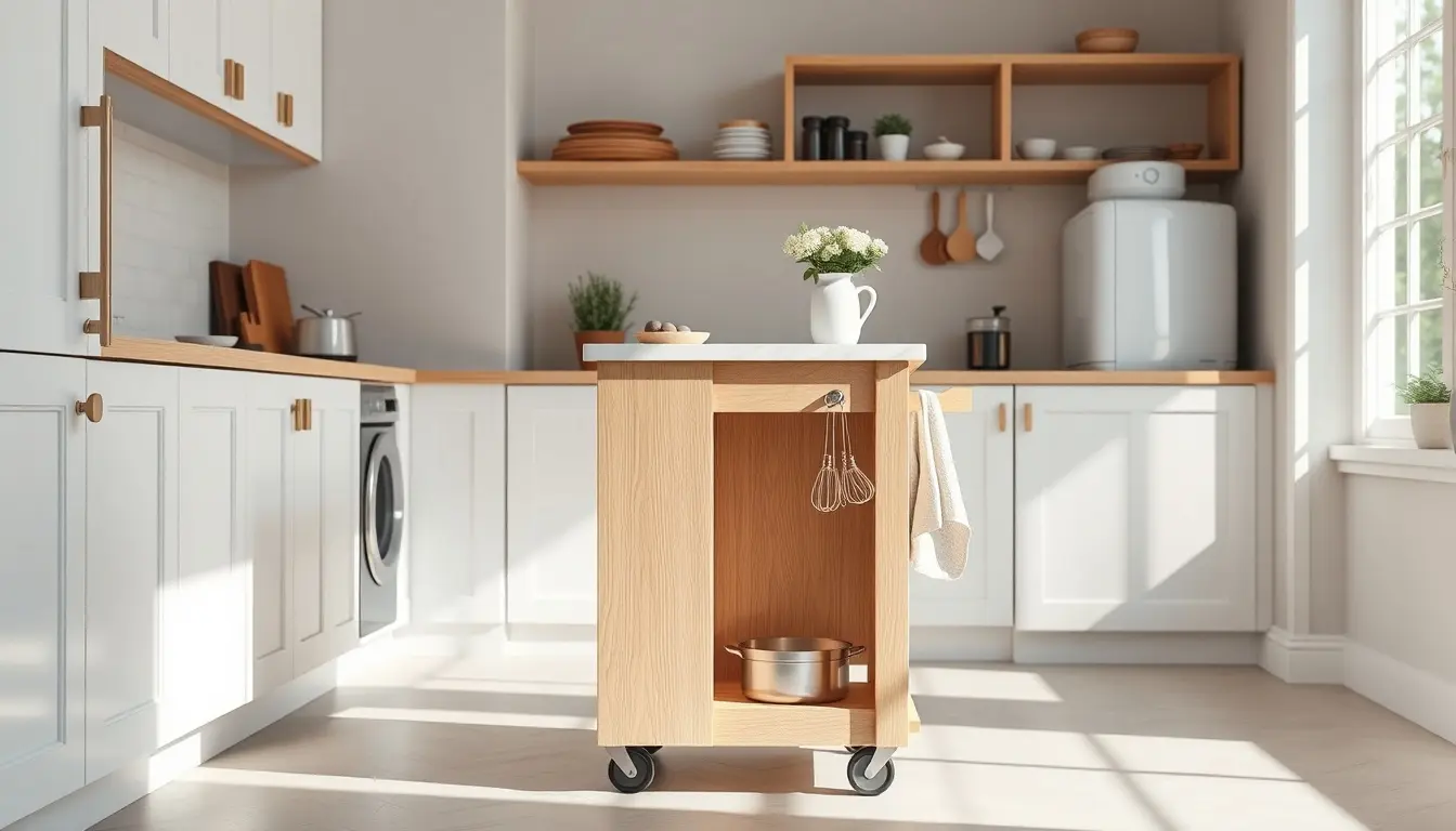Aménagement d'un ilot central petite cuisine en bois clair et blanc dans un espace lumineux