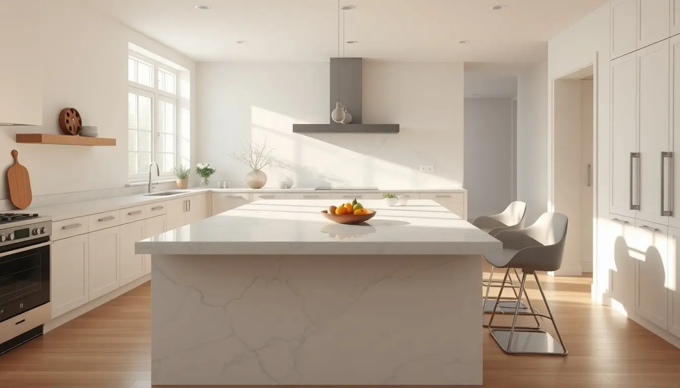 Cuisine moderne lumineuse avec un îlot central en marbre blanc et accessoires en bois