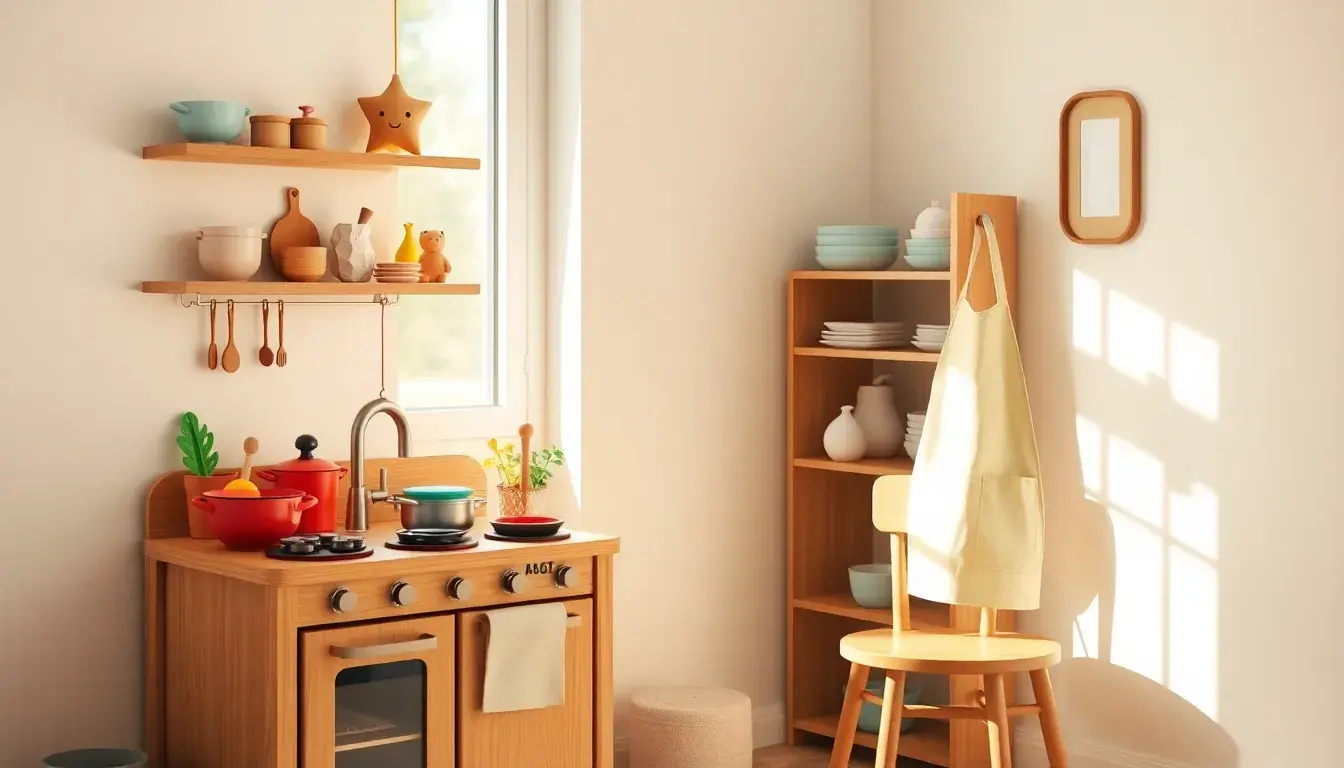 Jeux de cuisine réalistes avec fruits en bois et accessoires de chef sur un comptoir ensoleillé.