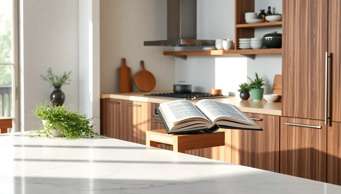 Livre de cuisine ouvert sur un support ajustable dans une cuisine moderne et lumineuse.