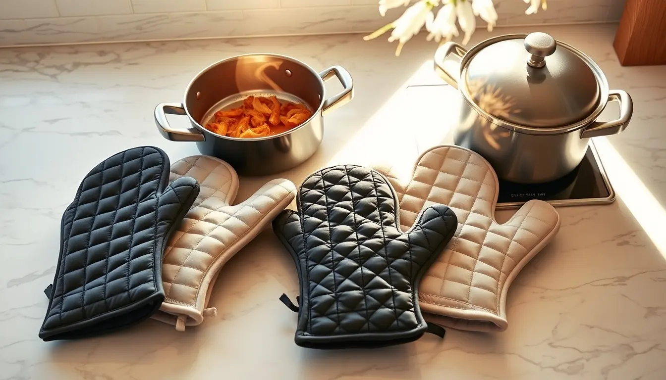 Différents modèles de manique cuisine en silicone et coton sur un plan de travail en marbre.