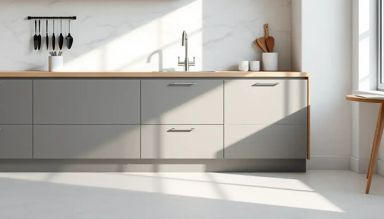 Meuble cuisine bas avec plan de travail en bois clair dans une cuisine lumineuse