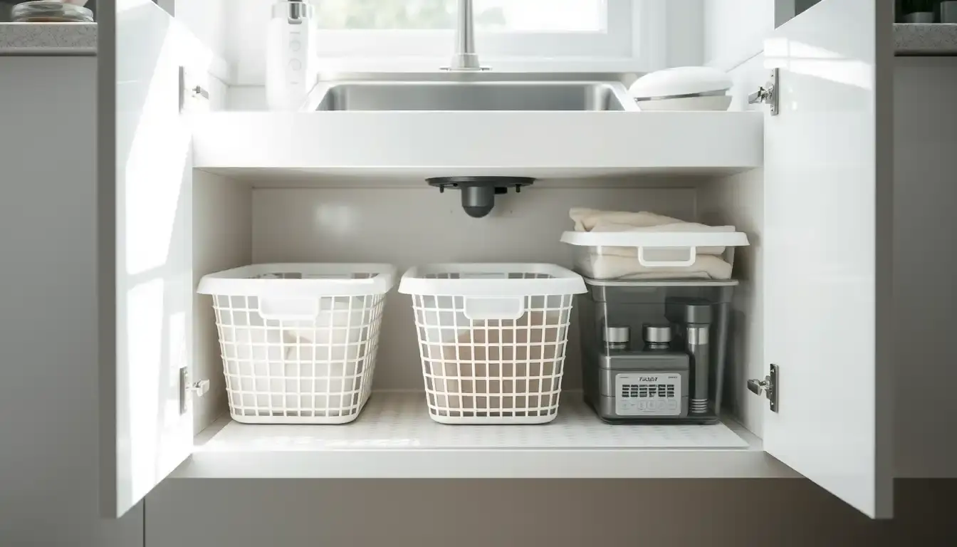 Meuble cuisine évier parfaitement organisé avec des paniers coulissants et des solutions de rangement modernes.