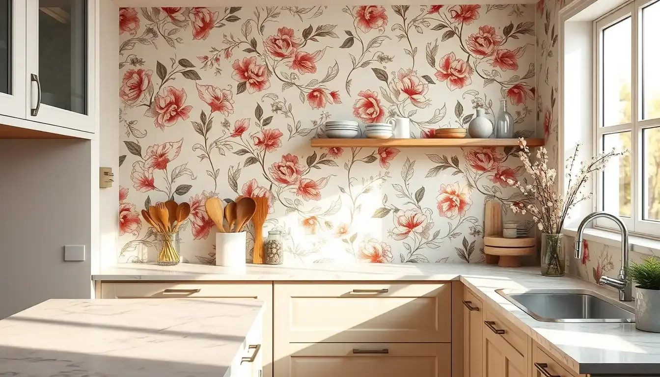 Cuisine moderne avec papier peint élégant et ustensiles en bois sur plan de travail.
