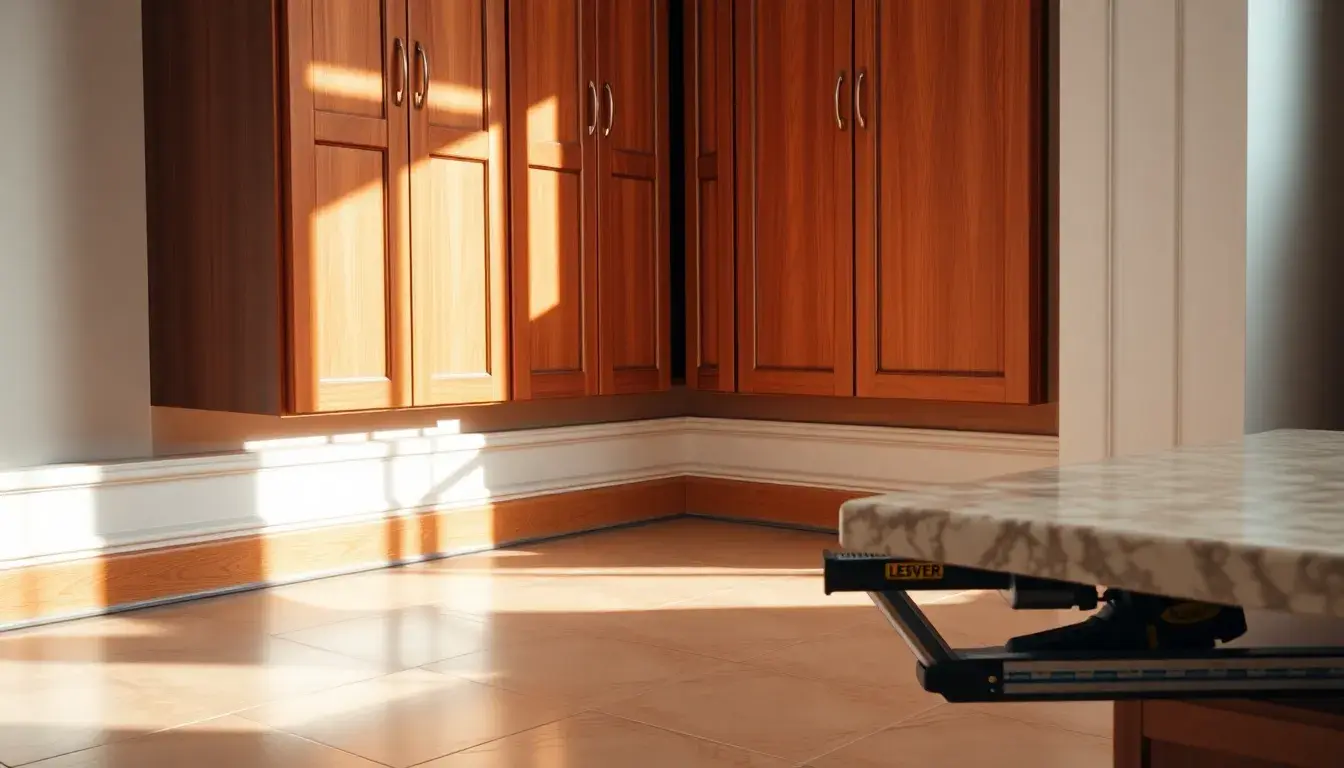 Plinthe cuisine élégante en bois installée sous des meubles blancs