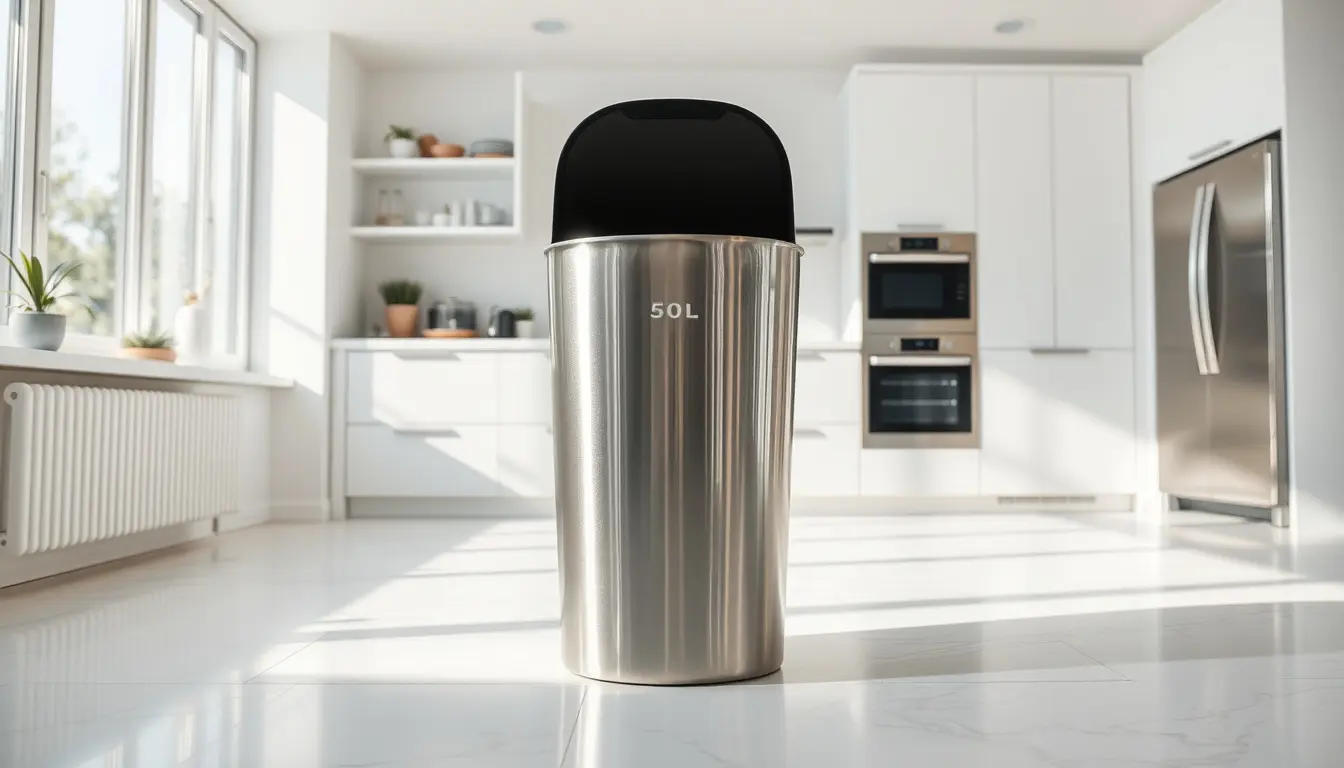 Une poubelle cuisine 50l moderne en acier inoxydable dans une cuisine lumineuse.