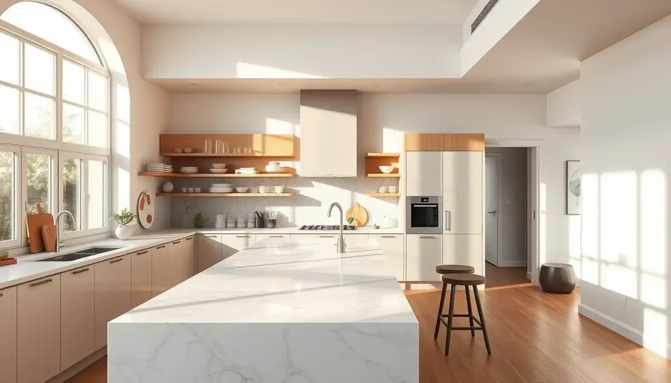 Cuisine ouverte moderne avec îlot central en marbre et rangements élégants
