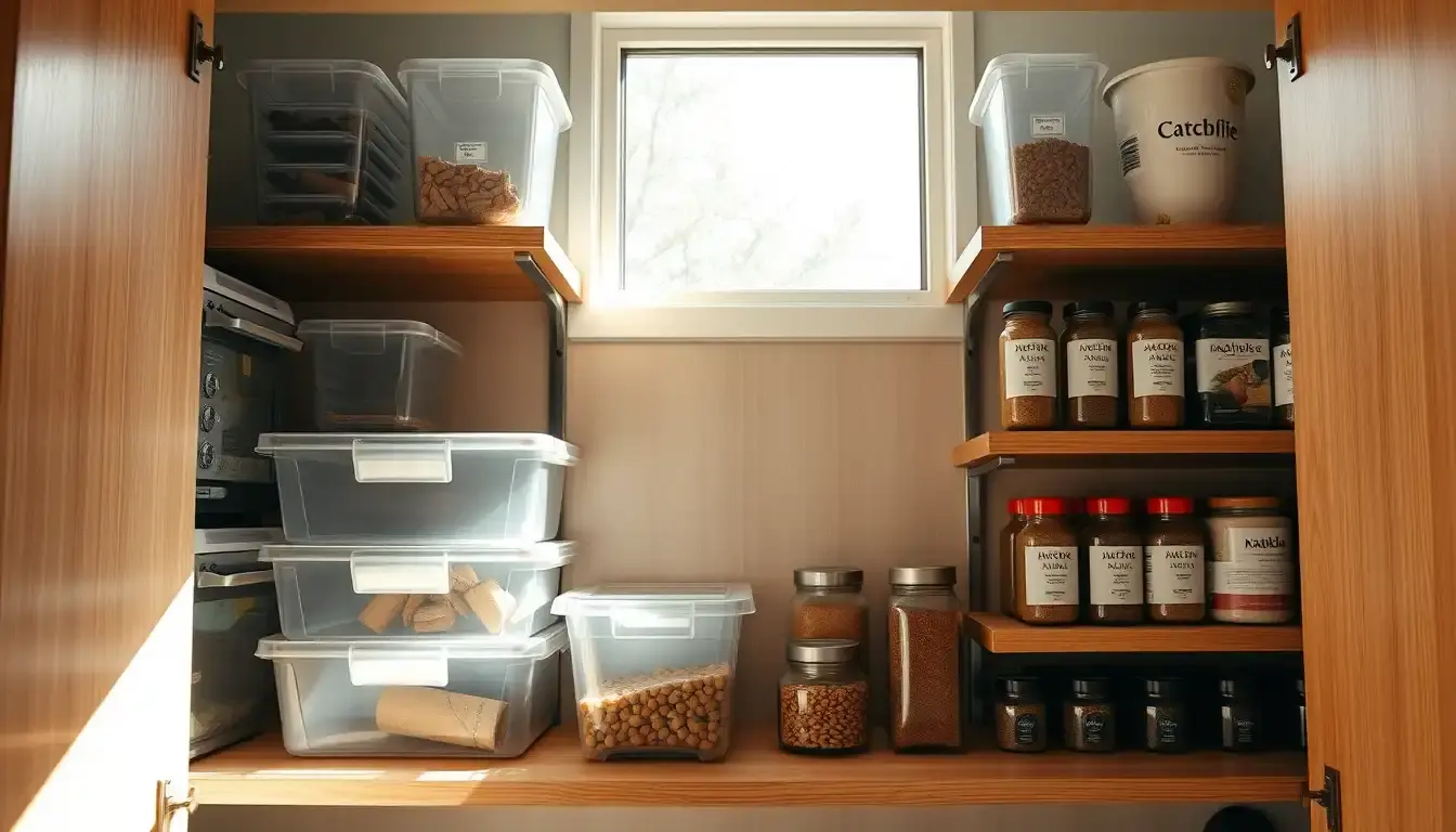 Placard de cuisine parfaitement organisé avec des bacs transparents et des étagères bien rangées