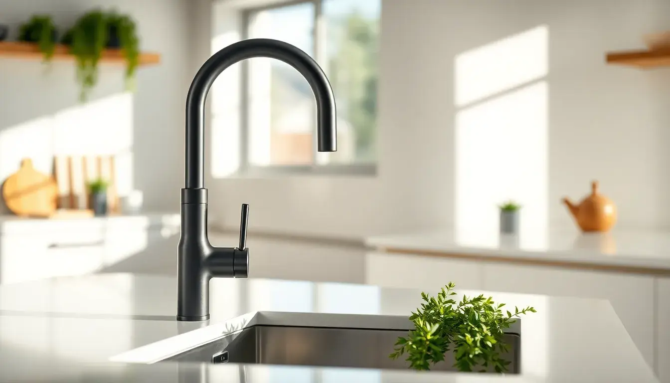 Robinet de cuisine moderne noir mat sur un plan de travail ensoleillé