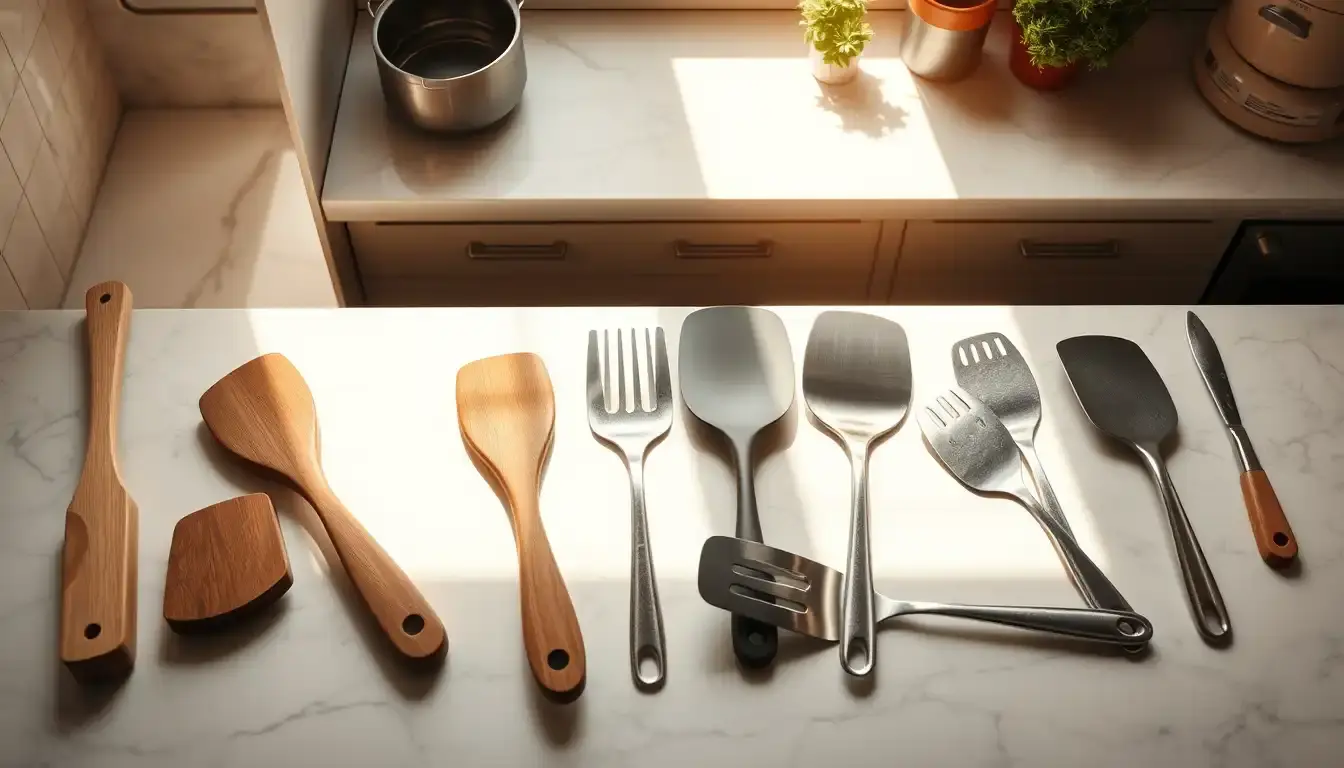 Différents types de spatule cuisine sur un plan de travail en marbre
