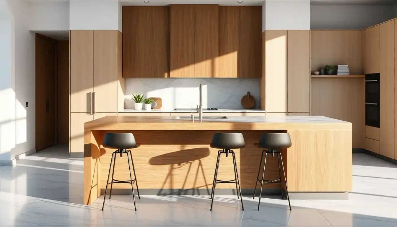 Table bar cuisine moderne en bois avec tabourets dans une cuisine ensoleillée