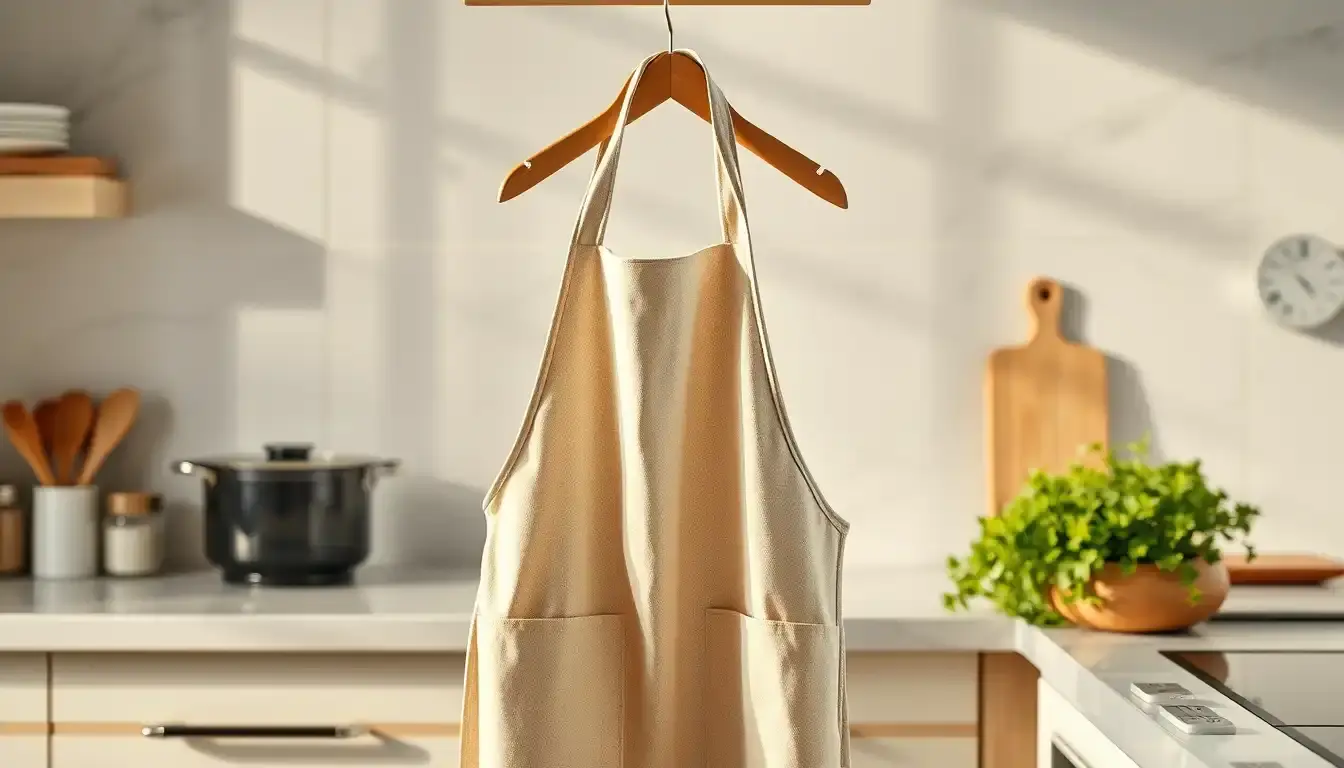 Tablier cuisine élégant en coton suspendu dans une cuisine lumineuse et moderne