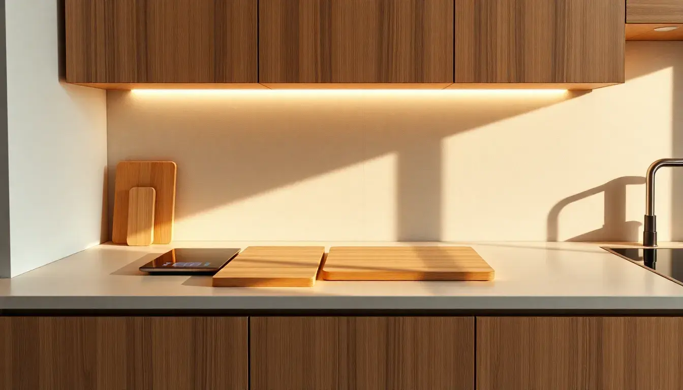 Cuisine moderne lumineuse illustrant la tendance cuisine 2025 avec bois naturel et technologie discrète.