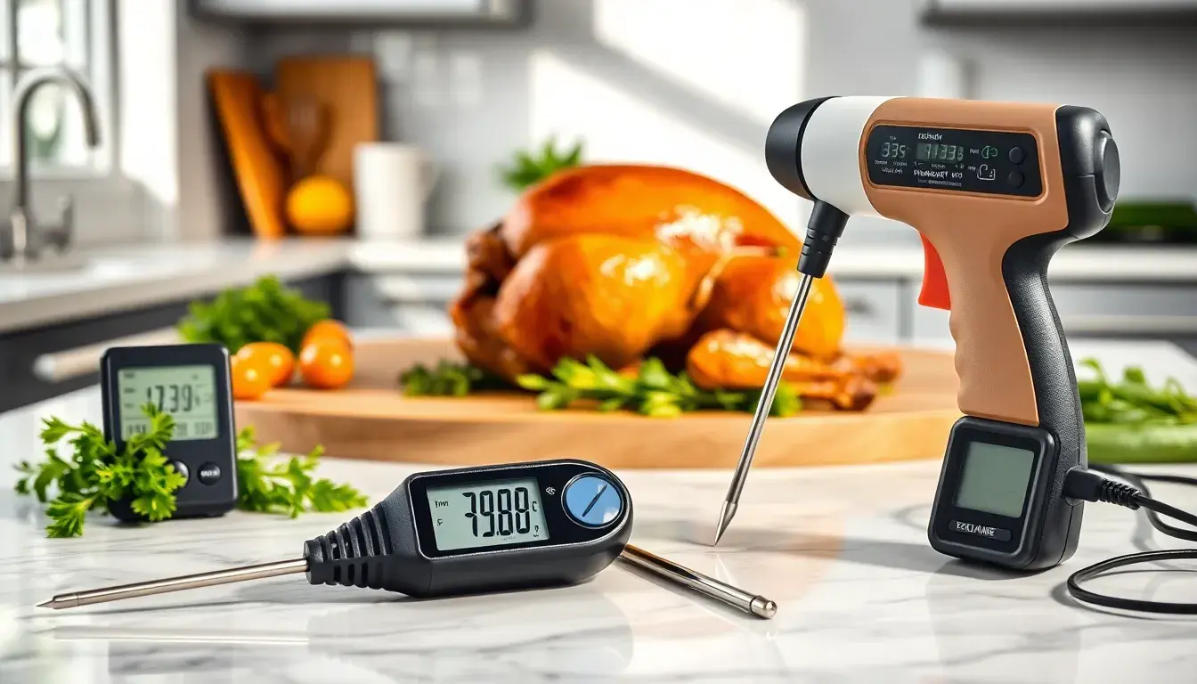 Différents types de thermomètre cuisine sur un plan de travail en marbre avec un poulet rôti.