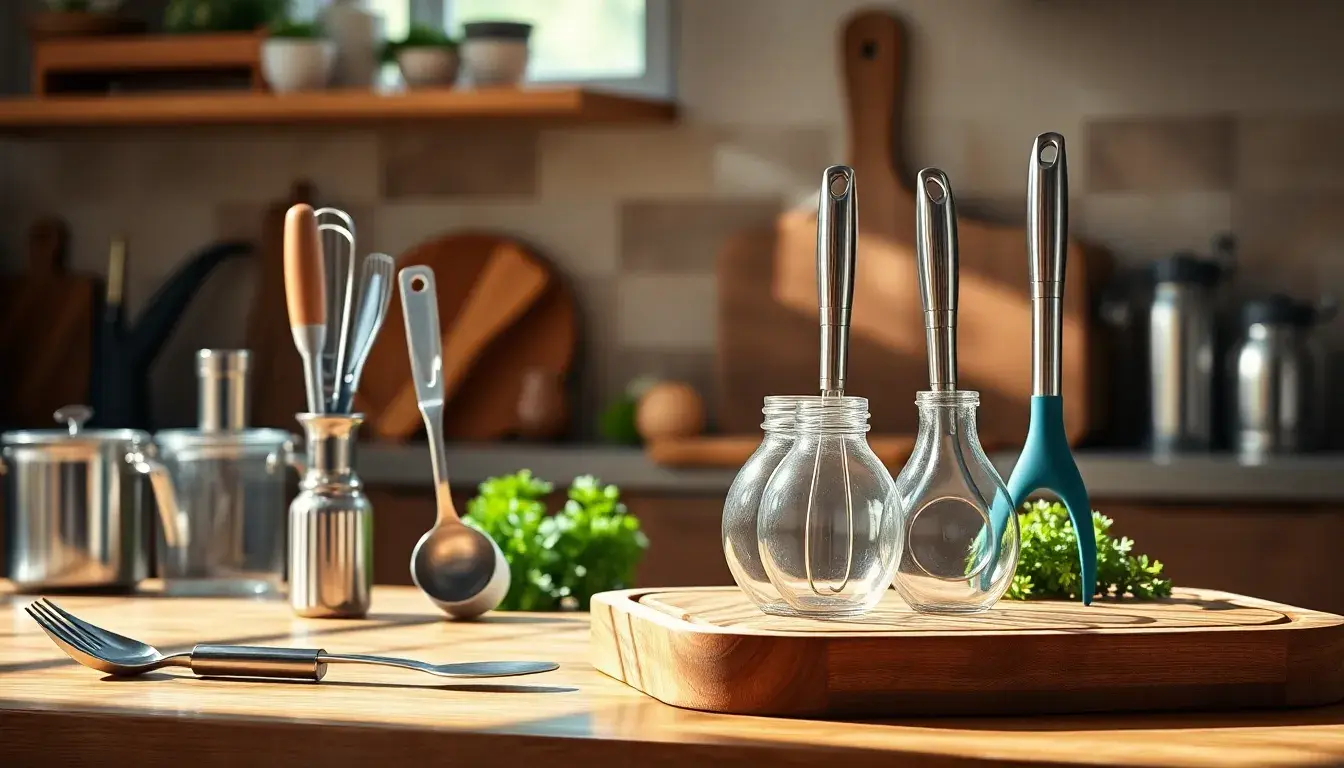 Collection d'ustensile de la cuisine essentiels sur un plan de travail ensoleillé
