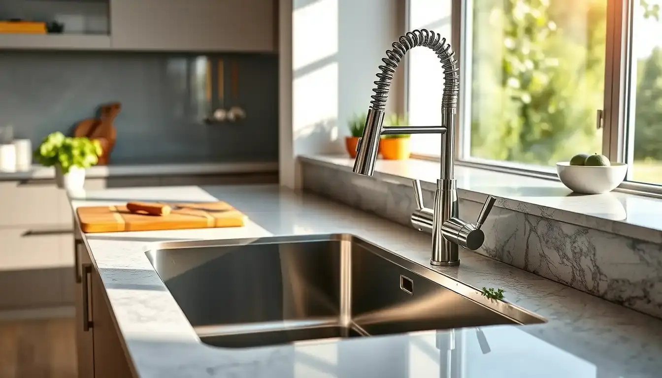 Évier de cuisine moderne à un bac en acier inoxydable avec robinetterie élégante