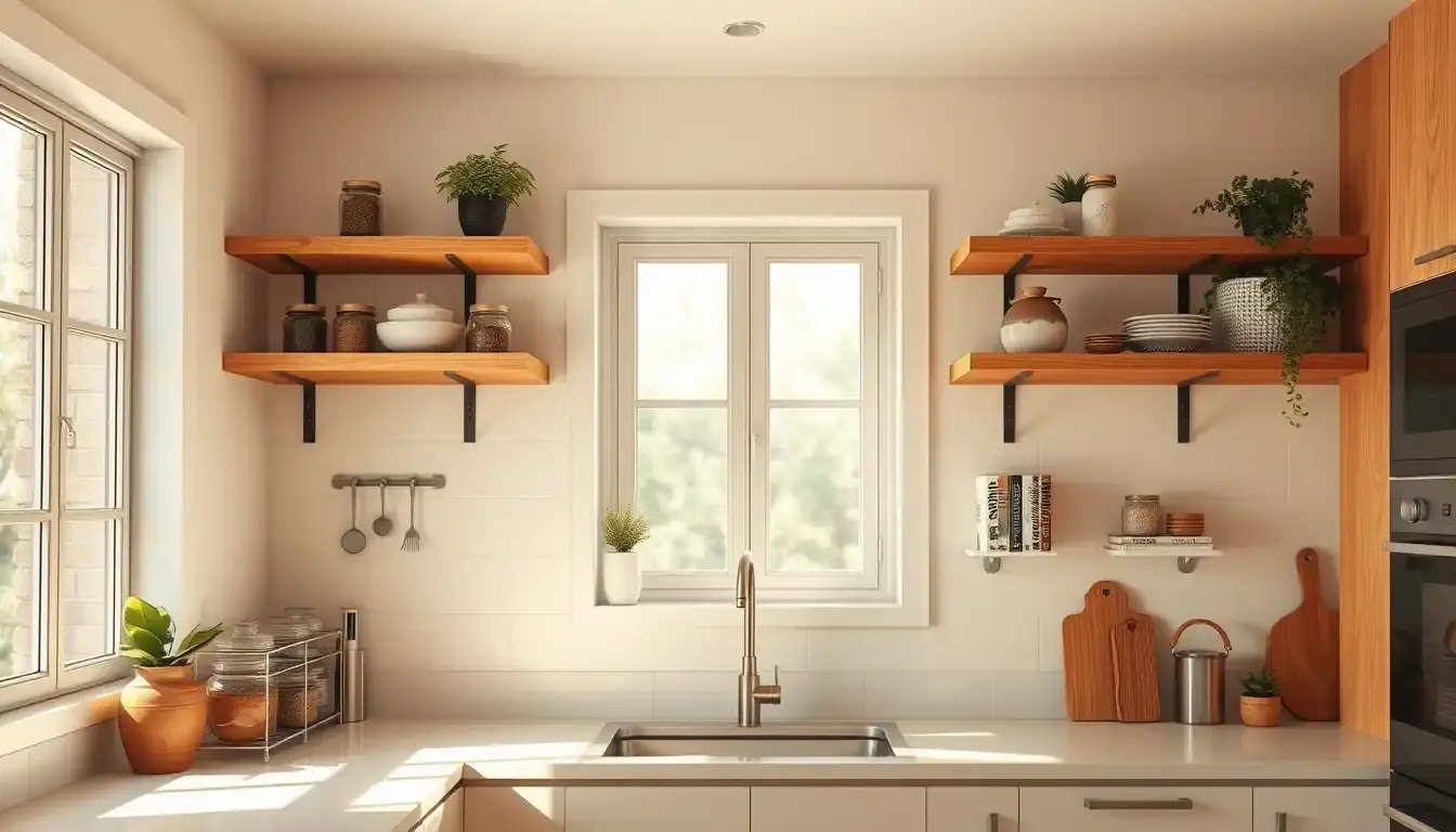 Étagère cuisine moderne en bois et métal bien organisée avec bocaux et plantes