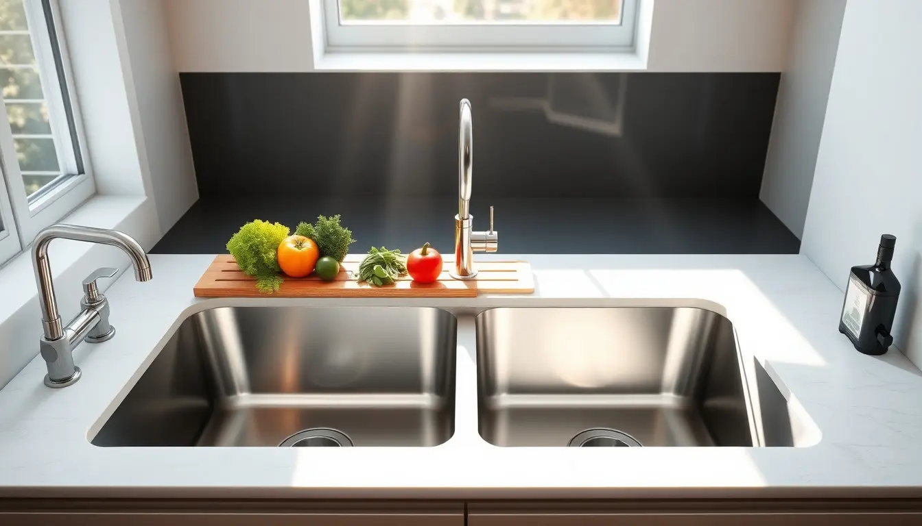Évier cuisine 2 bacs en acier inoxydable moderne avec accessoires en bois