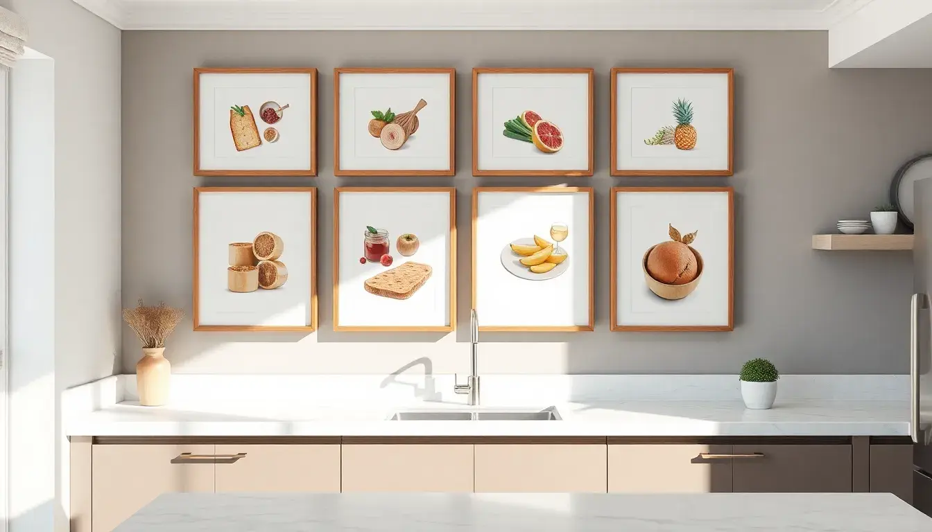 Une affiche cuisine élégante dans un cadre en bois noir sur un mur de cuisine moderne.