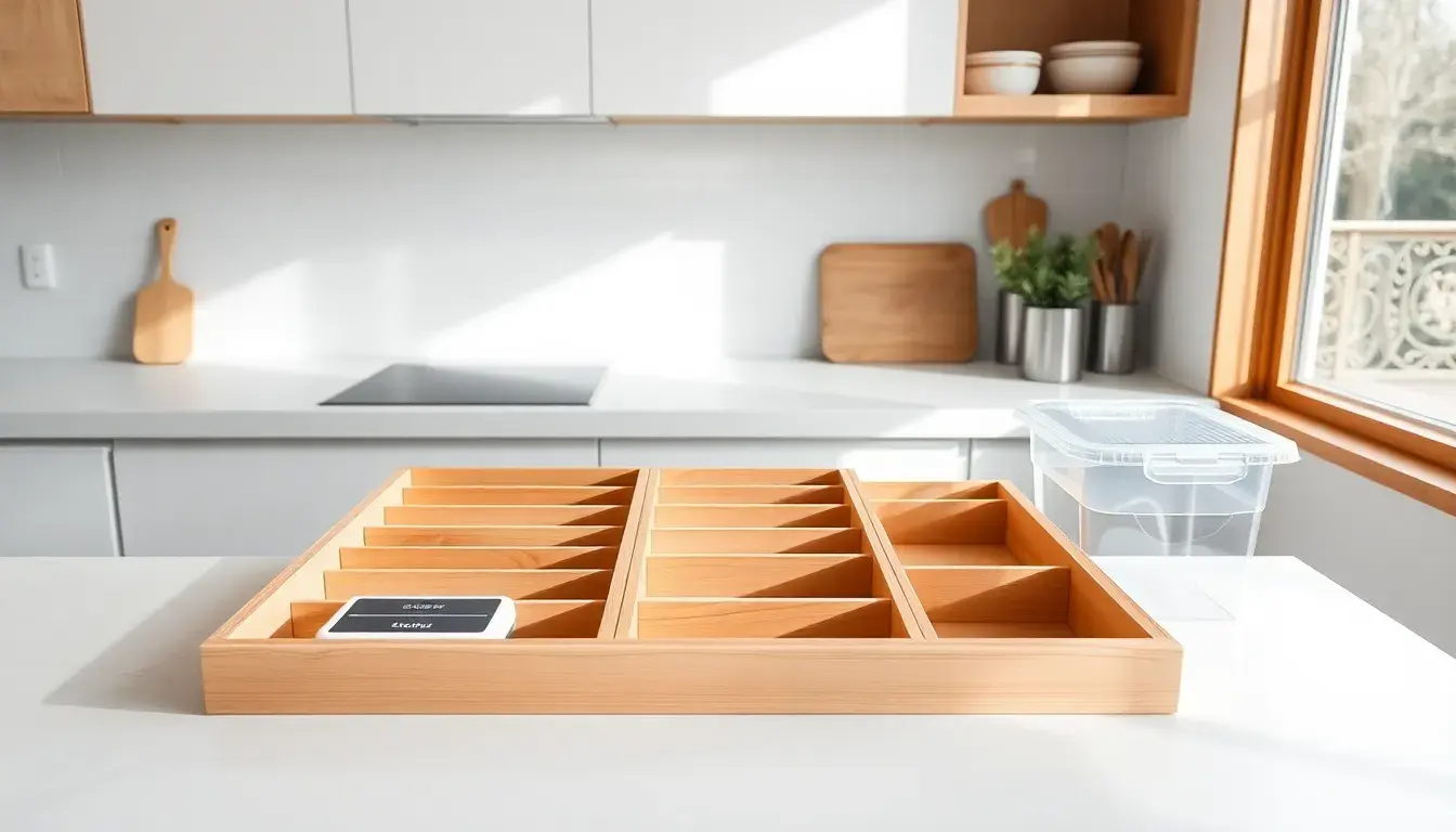 Plan de travail de cuisine ensoleillé avec organiseurs et outils d'aménagement cuisine.