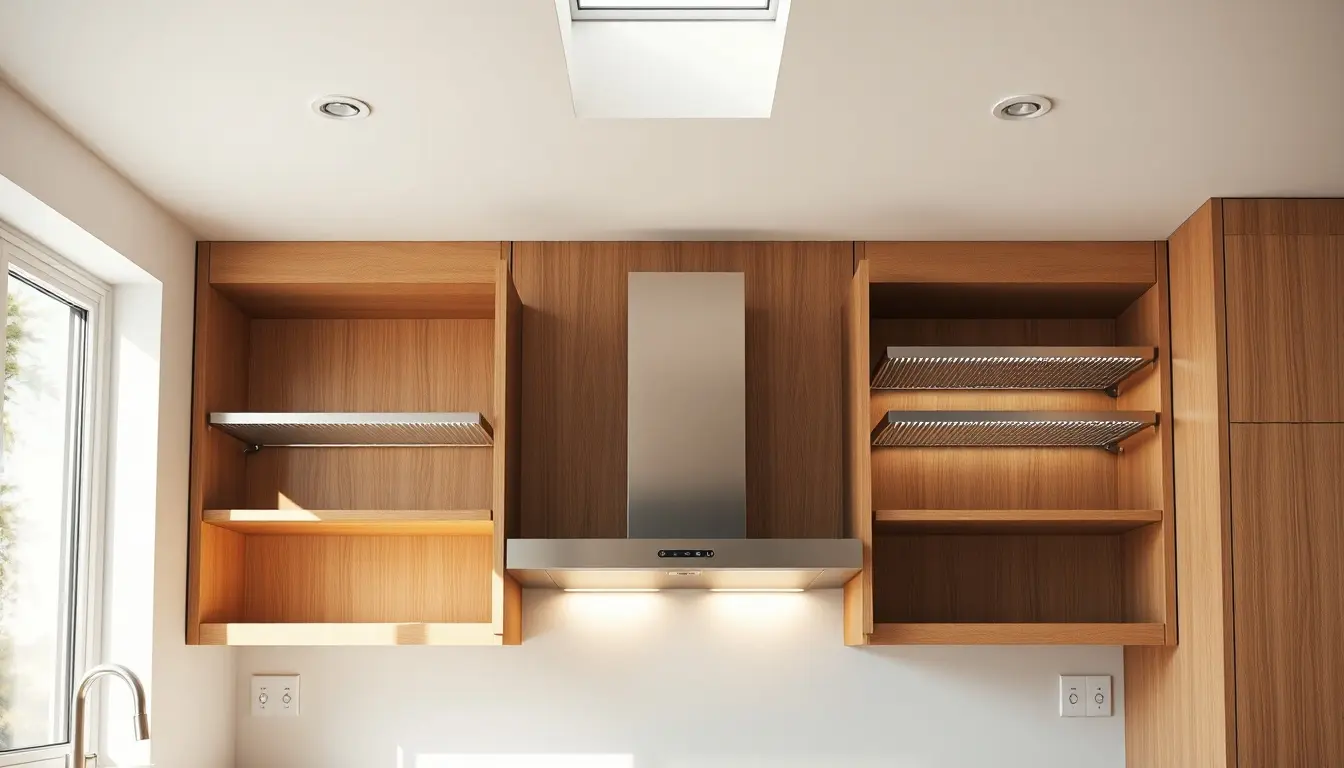 Armoire de cuisine moderne et organisée avec étagères coulissantes et éclairage LED chaleureux.