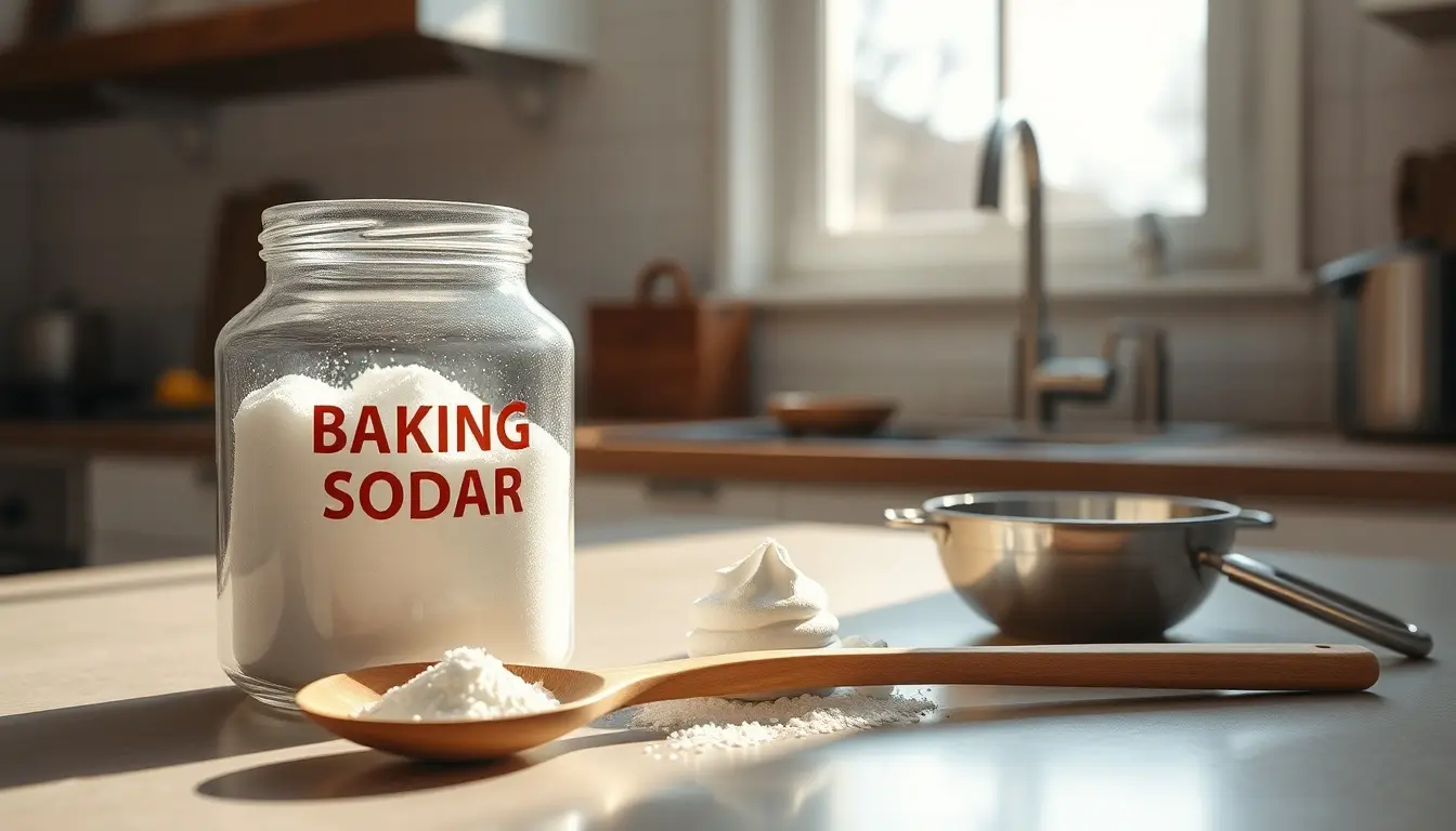 Pot en verre de bicarbonate de soude cuisine avec ustensiles en bois et inox sur un plan de travail
