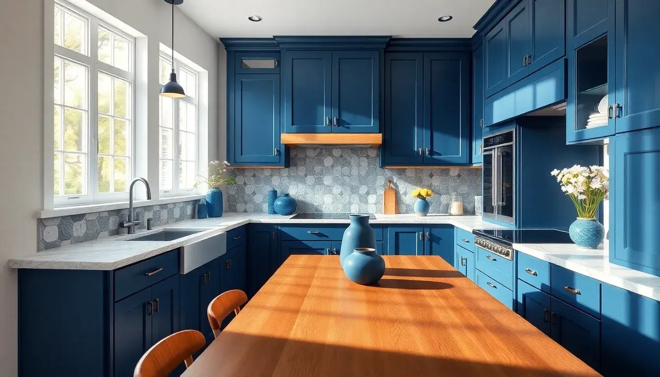 Cuisine moderne avec armoires bleu marine et accessoires en céramique bleue