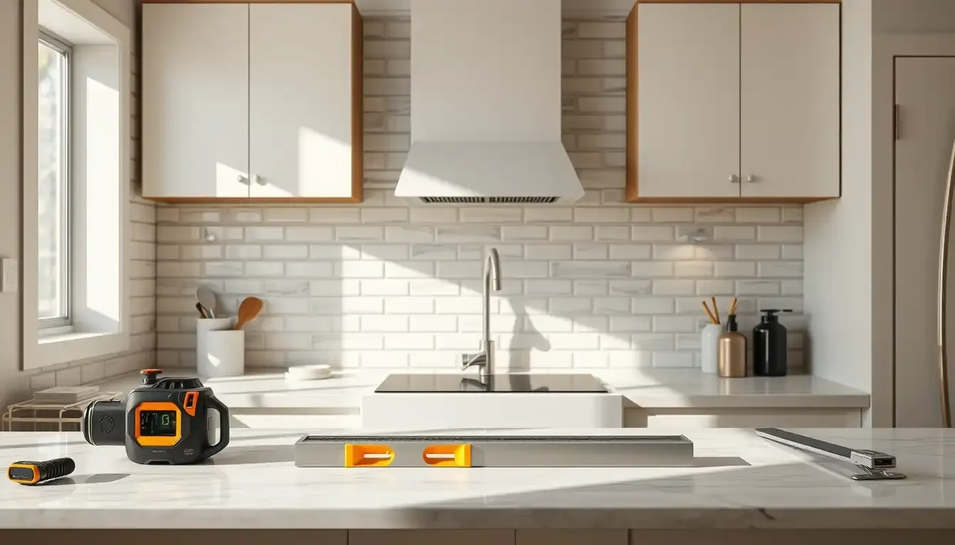Cuisine moderne lumineuse avec une crédence en carrelage blanc et outils de pose