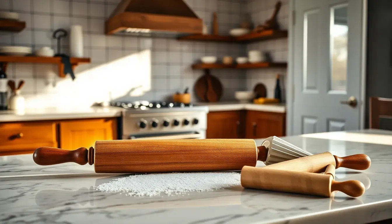 Ustensiles de cuisine traditionnels français sur un plan de travail en marbre ensoleillé