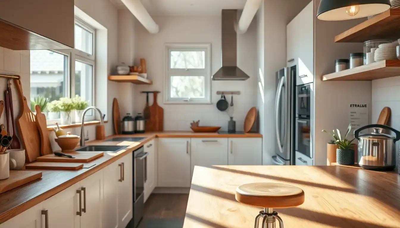 Cuisine moderne avec plan de travail en bois ergonomique et accessoires de réglage