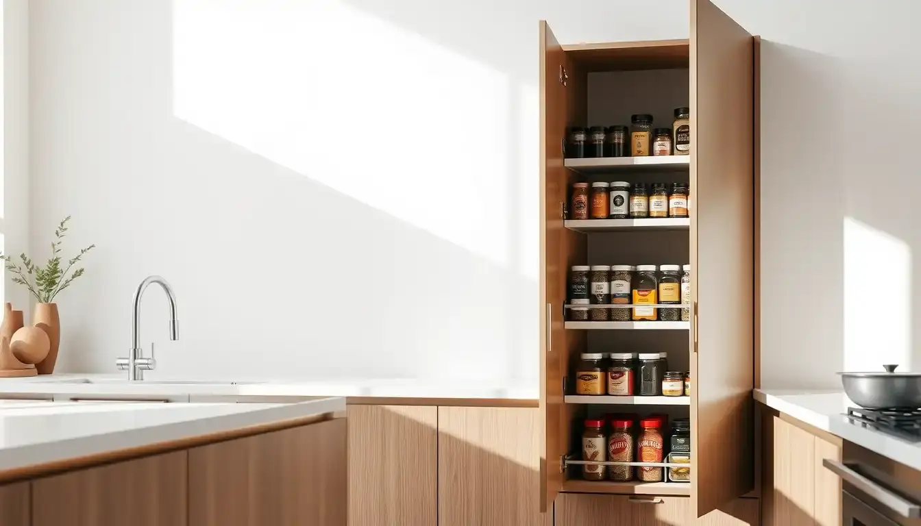 Une colonne de cuisine moderne bien organisée avec des étagères coulissantes et des bocaux.