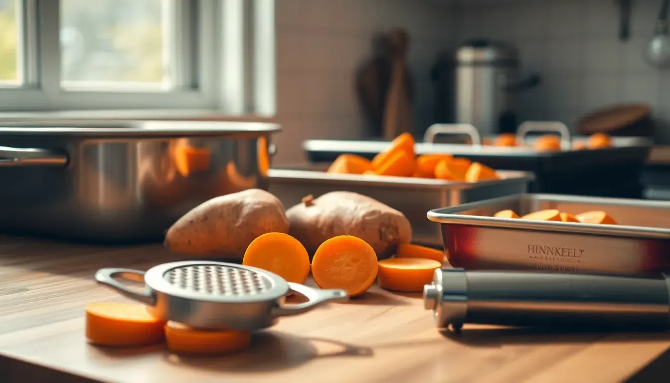 Patates douces fraîches sur un plan de travail avec des ustensiles de cuisine professionnels.