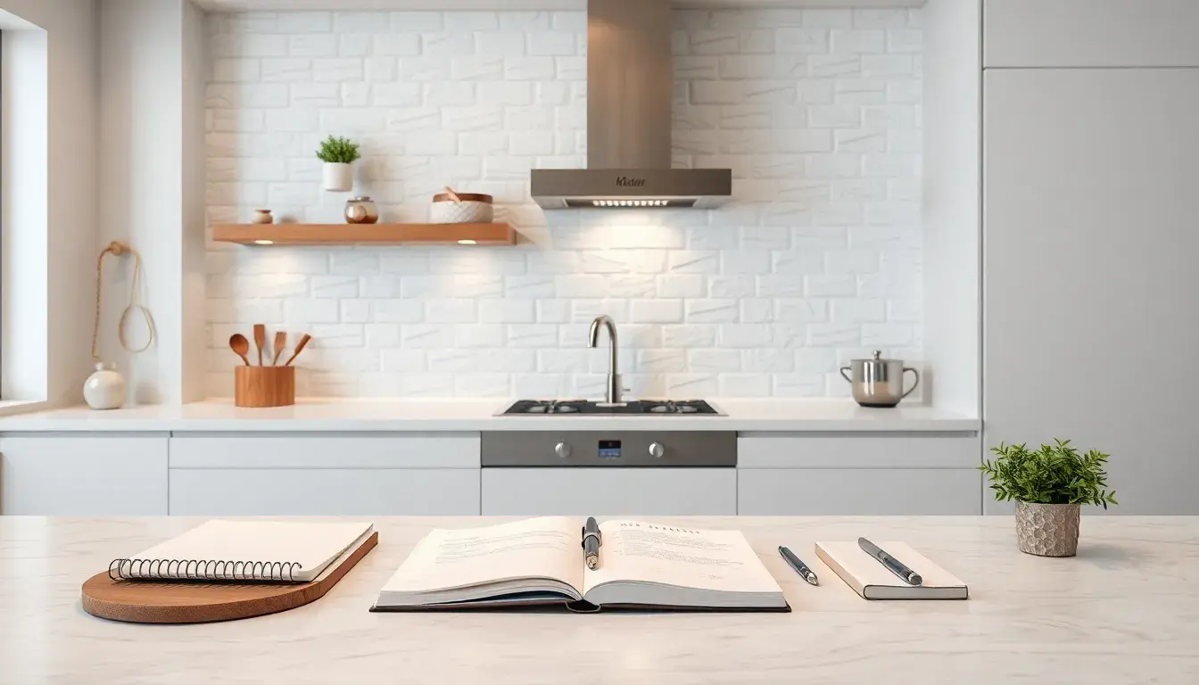 Outils de conception cuisine sur un plan de travail en marbre blanc