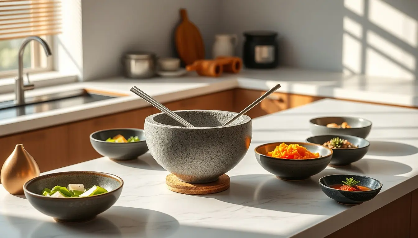 Table de cuisine coréenne moderne avec bol en pierre dolsot et baguettes en inox.