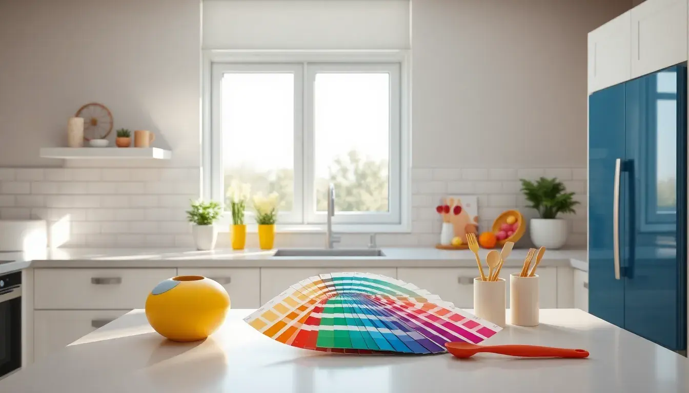 Palette de couleurs cuisine et outils de design sur un plan de travail en marbre