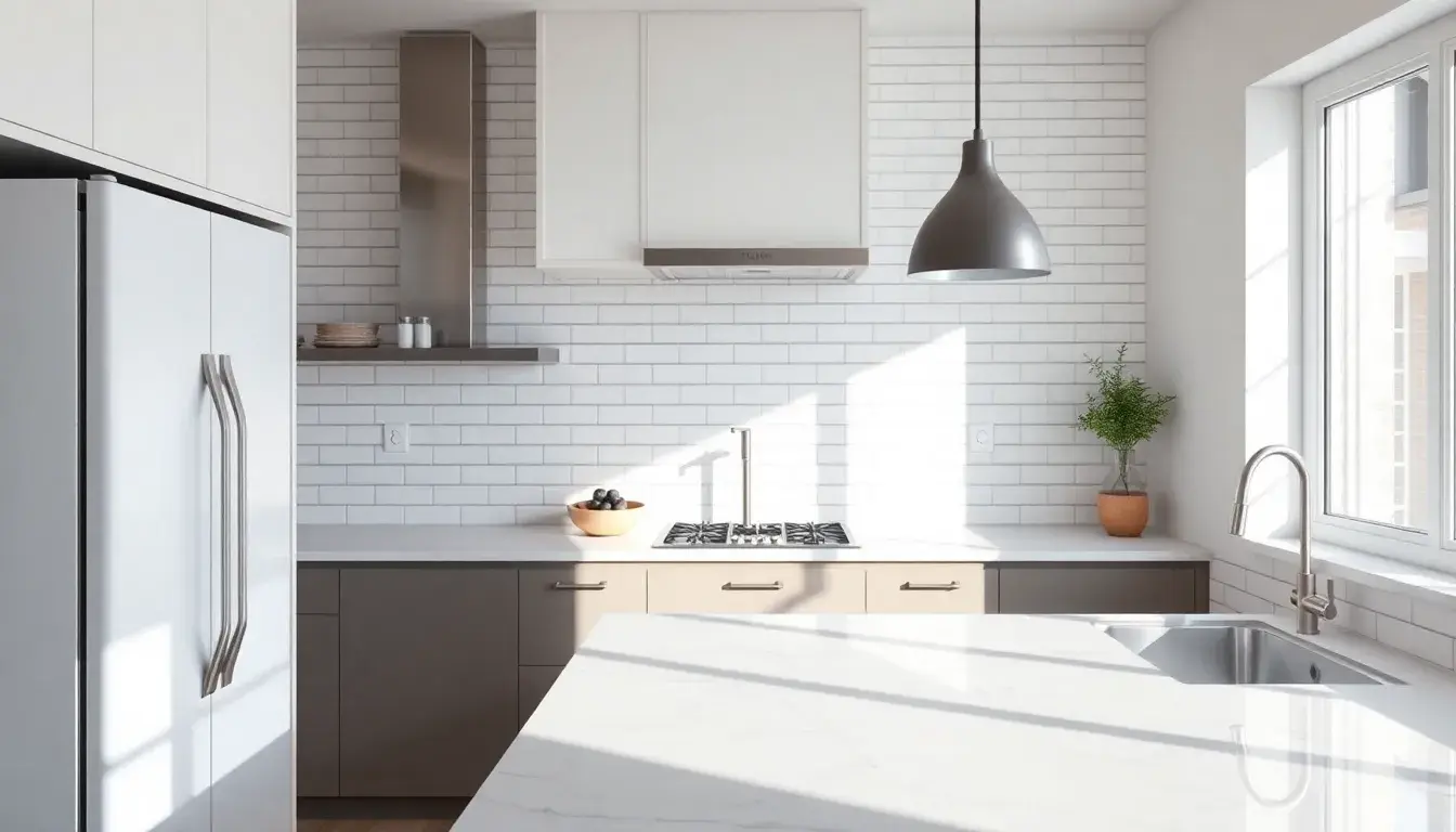 Cuisine lumineuse avec une credence cuisine moderne en carrelage blanc et plan de travail en marbre