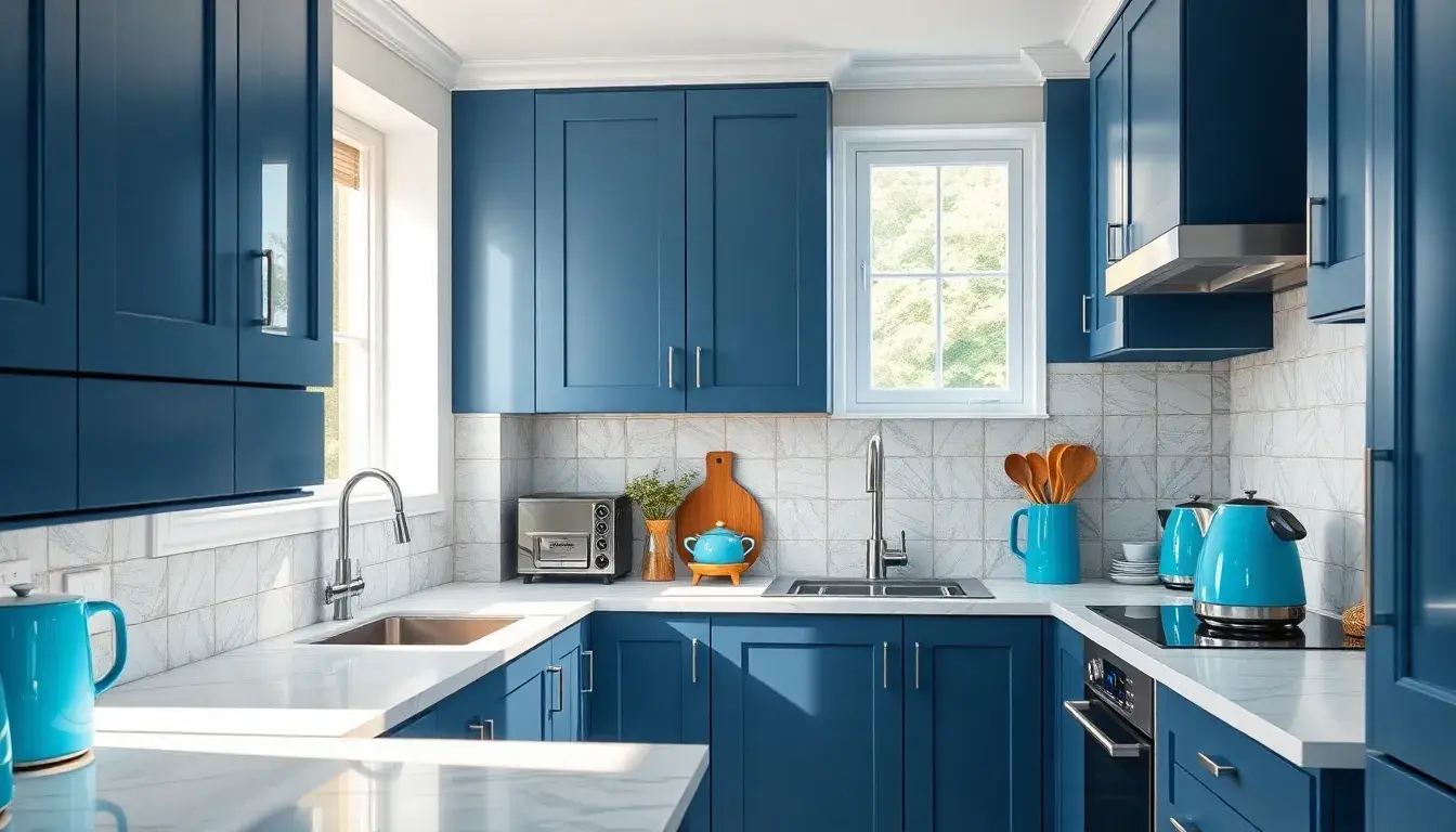 Cuisine bleu moderne avec électroménagers élégants et décoration soignée