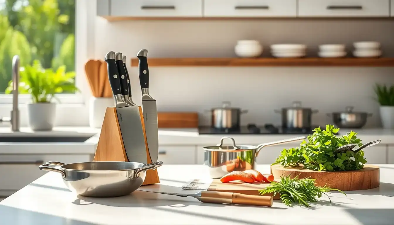 Cuisine complète moderne avec set de couteaux et batterie de cuisine en inox
