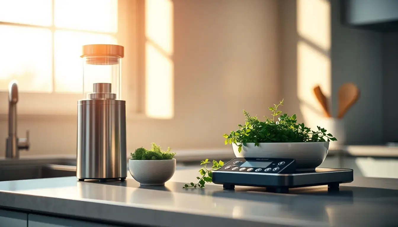 Cuisine équipée moderne avec accessoires de préparation culinaire élégants et fonctionnels