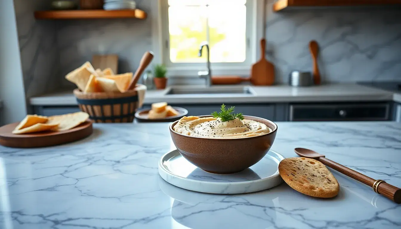 Table de mezze libanais avec houmous et outils de cuisine traditionnels sur marbre
