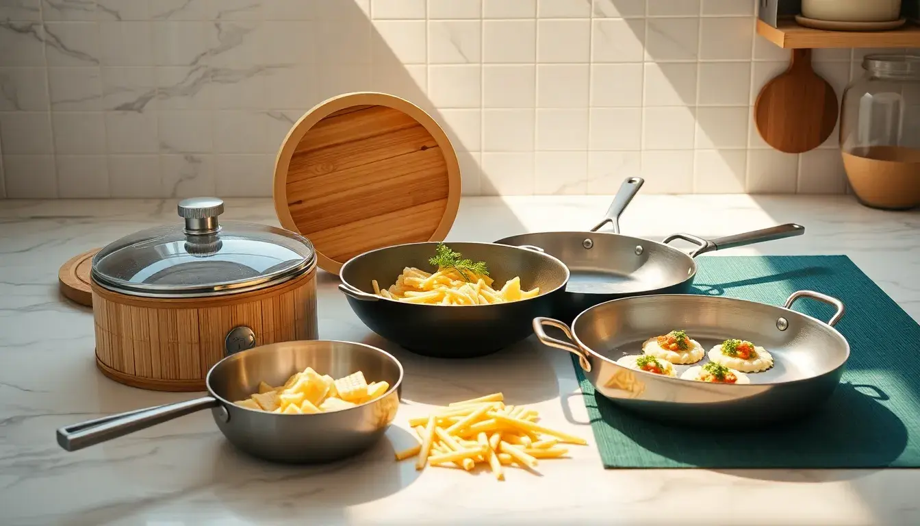 Outils de cuisine du monde variés disposés sur un plan de travail en marbre ensoleillé