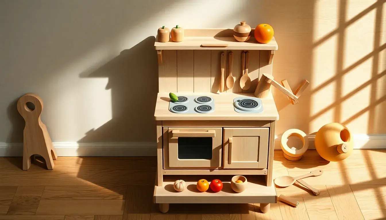Cuisine enfant bois avec ustensiles miniatures et fruits en bois sur un sol ensoleillé.