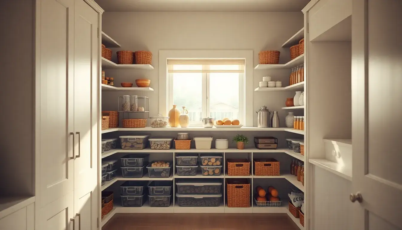Etagères de cuisine et dépendance parfaitement organisées avec des bacs transparents et des paniers naturels