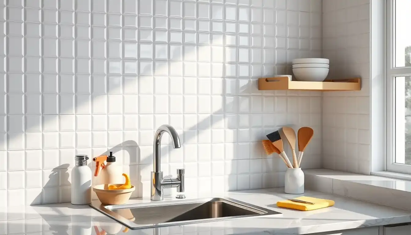 Cuisine faïence moderne avec crédence blanche brillante et outils de nettoyage