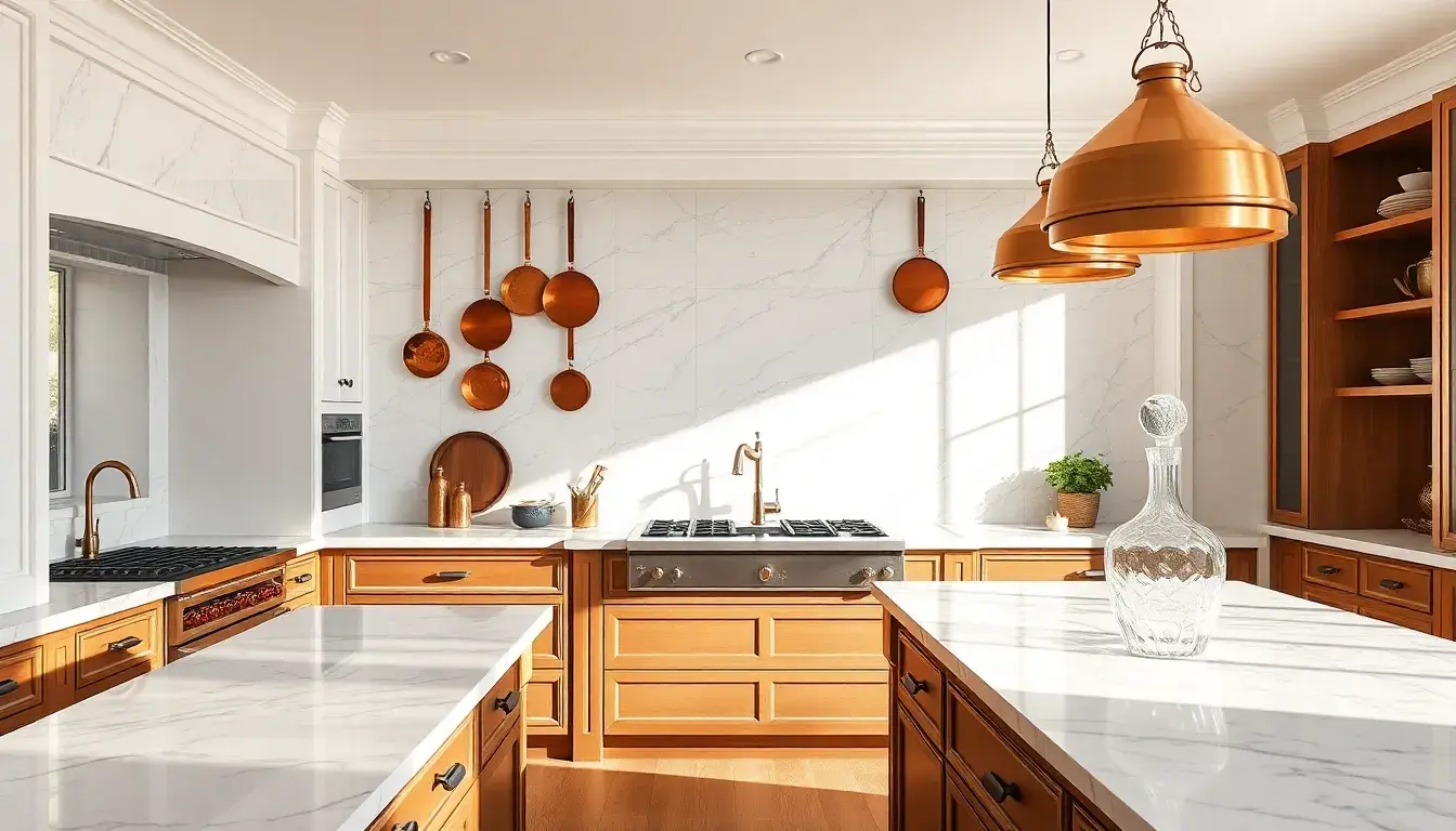 Cuisine haut de gamme moderne avec comptoirs en marbre et accessoires de luxe