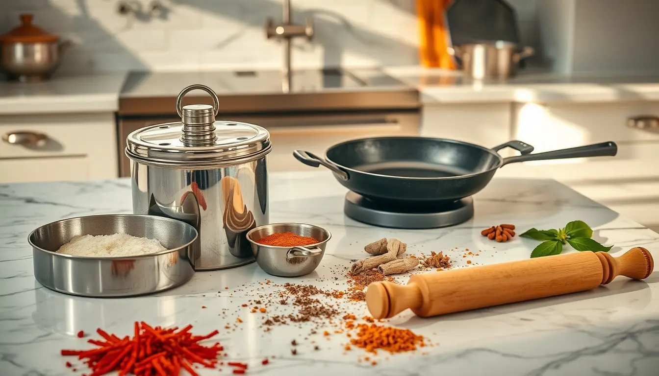 Ustensiles de cuisine indienne traditionnels disposés sur un plan de travail en marbre ensoleillé.