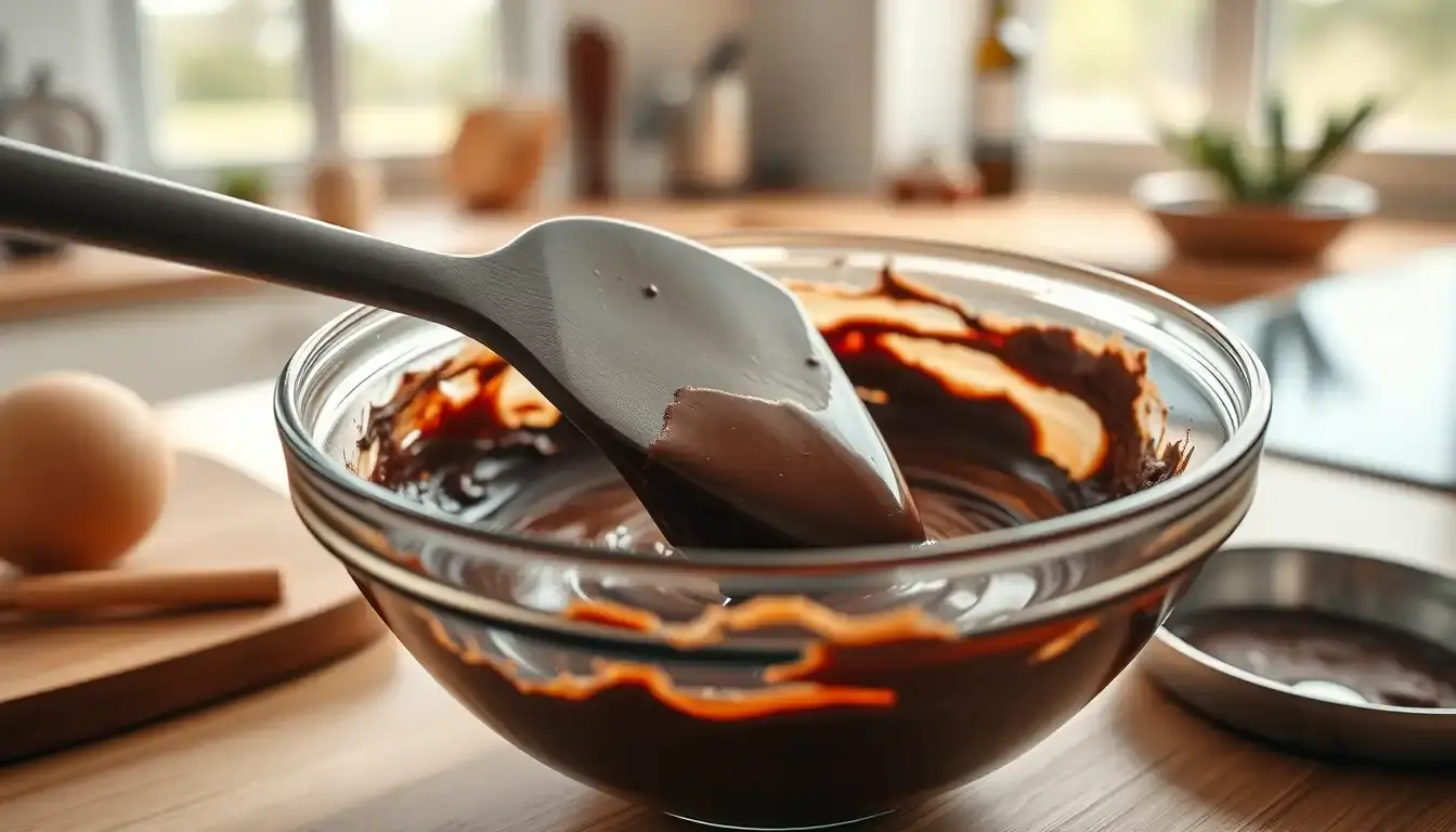 Spatule maryse en silicone souple raclant un bol de préparation culinaire.