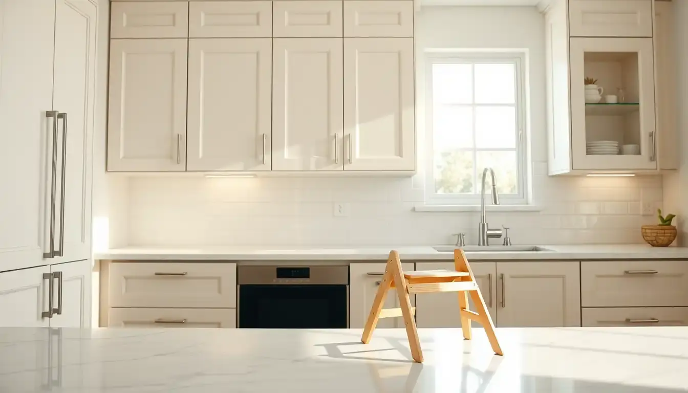 Cuisine moderne avec meuble haut et escabeau design en bois sur sol clair