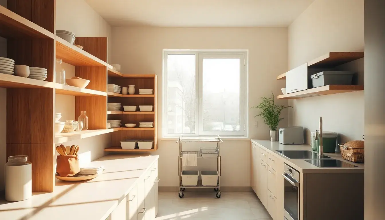 Cuisine meuble rangement avec étagères en bois et accessoires organisés sur un plan de travail ensoleillé.